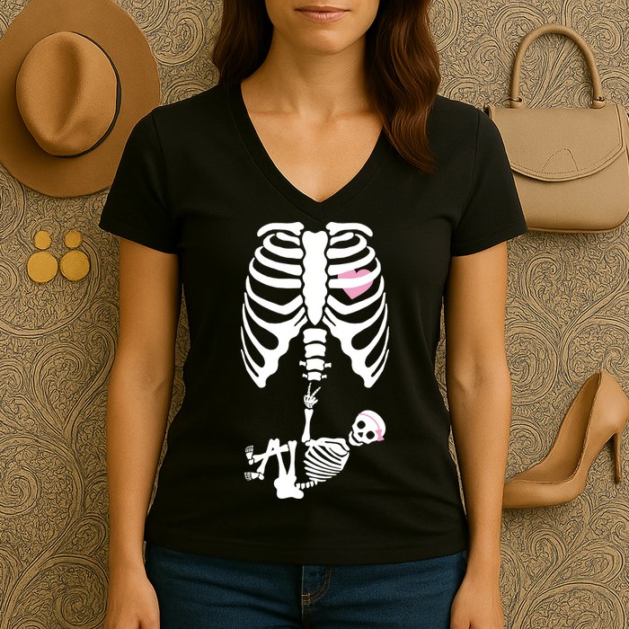 Pregnant Skeleton Baby Girl Halloween Costume Women's V-Neck T-Shirt