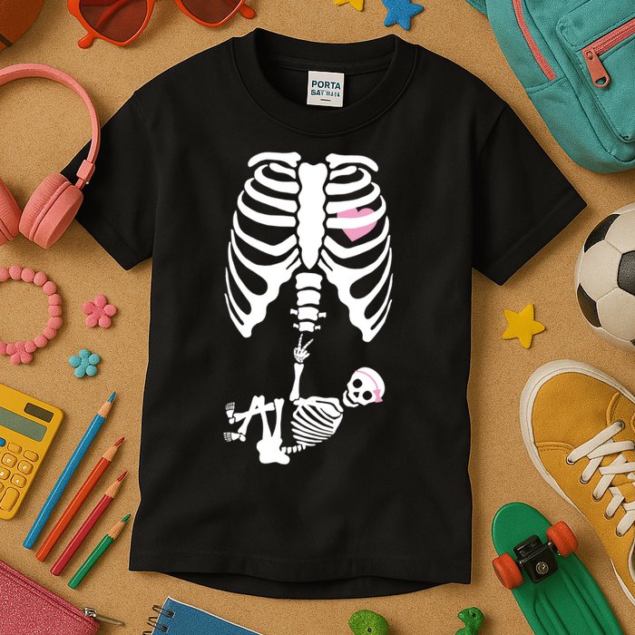 Pregnant Skeleton Baby Girl Halloween Costume Kids T-Shirt