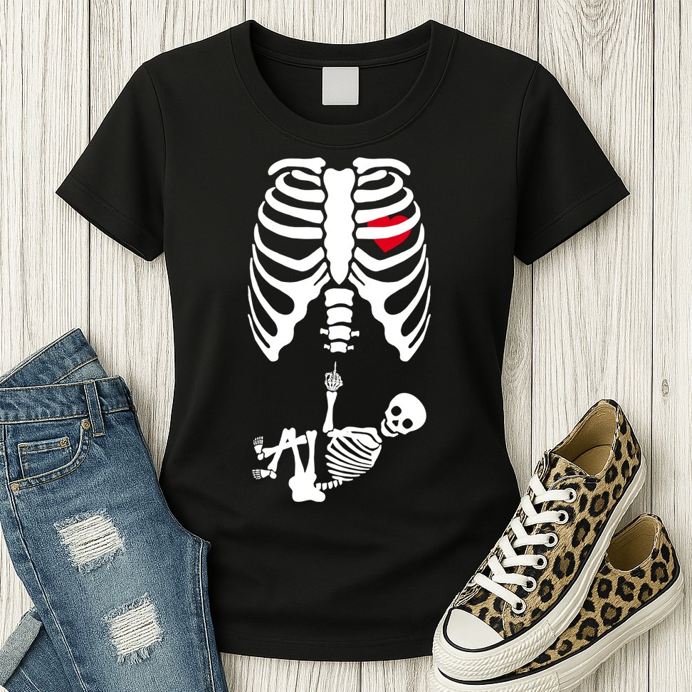 Pregnant Skeleton Baby Middle Finger Costume Womens T-Shirt