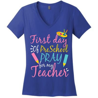 Preschool Pre K Pray For My Teacher Funny Women's V-Neck T-Shirt