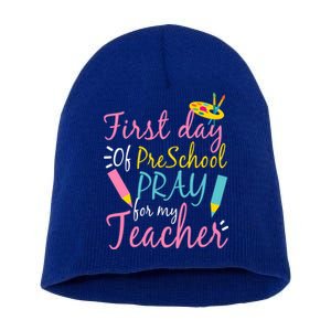 Preschool Pre K Pray For My Teacher Funny Short Acrylic Beanie