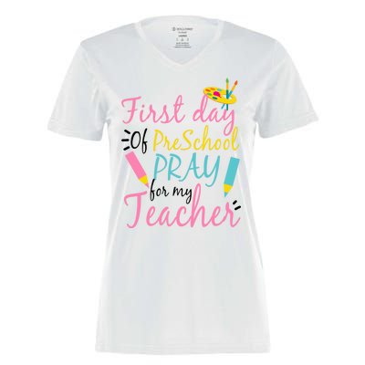 Preschool Pre K Pray For My Teacher Funny Women's Momentum V-Neck T-Shirt