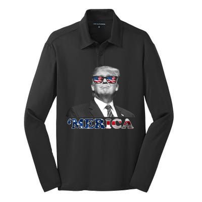 President Donald Trump Merica Patriotic USA Flag Silk Touch Performance Long Sleeve Polo