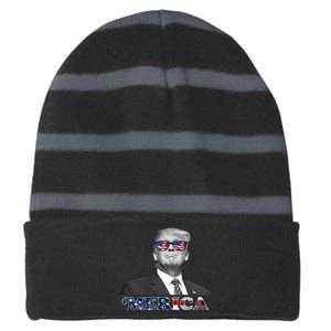 President Donald Trump Merica Patriotic USA Flag Striped Beanie with Solid Band