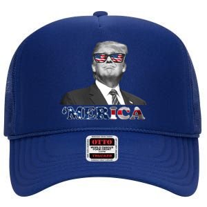 President Donald Trump Merica Patriotic USA Flag High Crown Mesh Back Trucker Hat