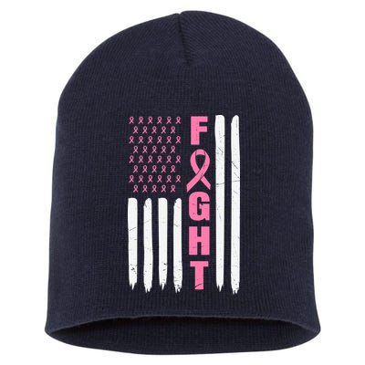 Pink Ribbon Fight American Flag Breast Cancer Short Acrylic Beanie