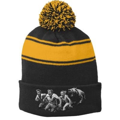 People Running From Bear Stripe Pom Pom Beanie