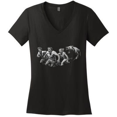 People Running From Bear Women's V-Neck T-Shirt