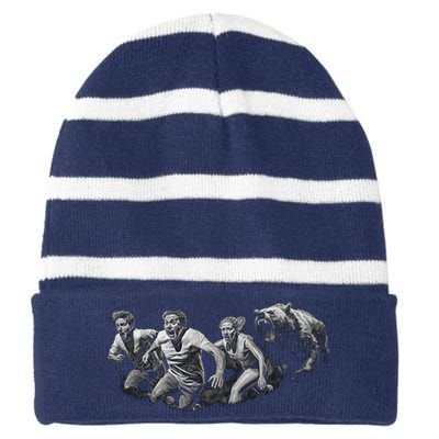 People Running From Bear Striped Beanie with Solid Band