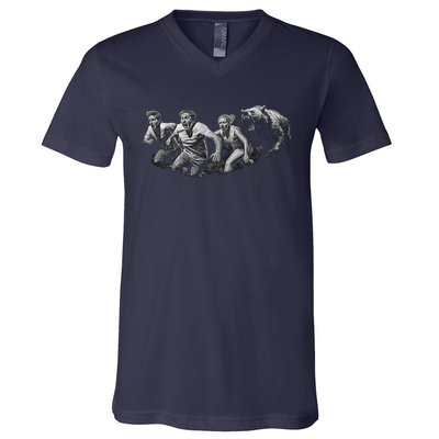 People Running From Bear V-Neck T-Shirt