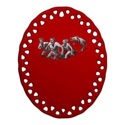 People Running From Bear Ceramic Oval Ornament