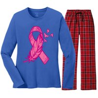 Pink Ribbon Feather Bird Cute Breast Cancer Awareness Meaningful Gift Women's Long Sleeve Flannel Pajama Set 