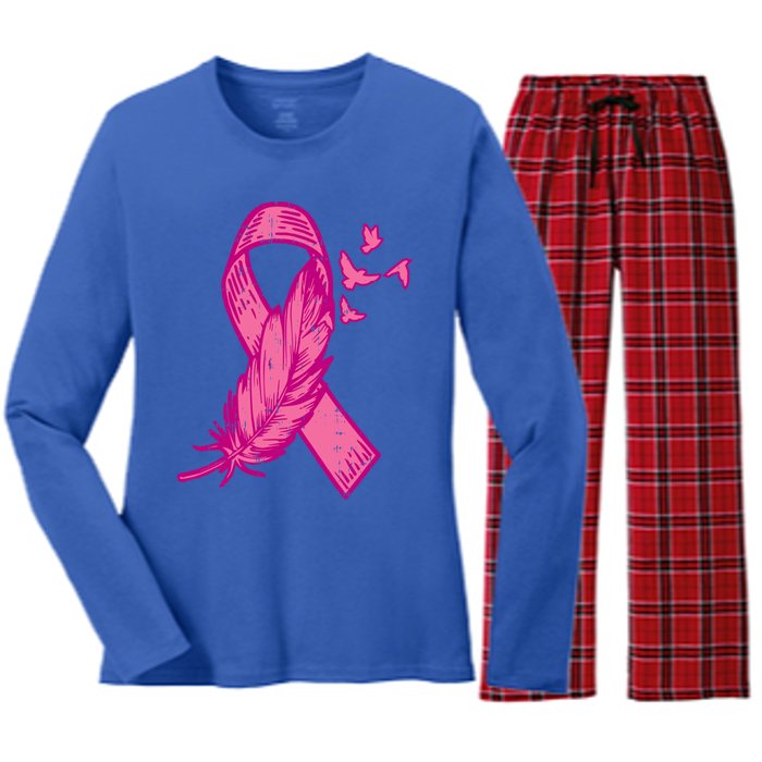 Pink Ribbon Feather Bird Cute Breast Cancer Awareness Meaningful Gift Women's Long Sleeve Flannel Pajama Set 