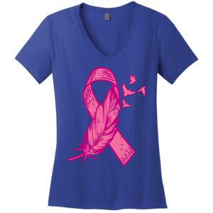 Pink Ribbon Feather Bird Cute Breast Cancer Awareness Meaningful Gift Women's V-Neck T-Shirt