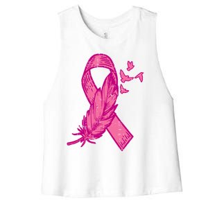 Pink Ribbon Feather Bird Cute Breast Cancer Awareness Meaningful Gift Women's Racerback Cropped Tank