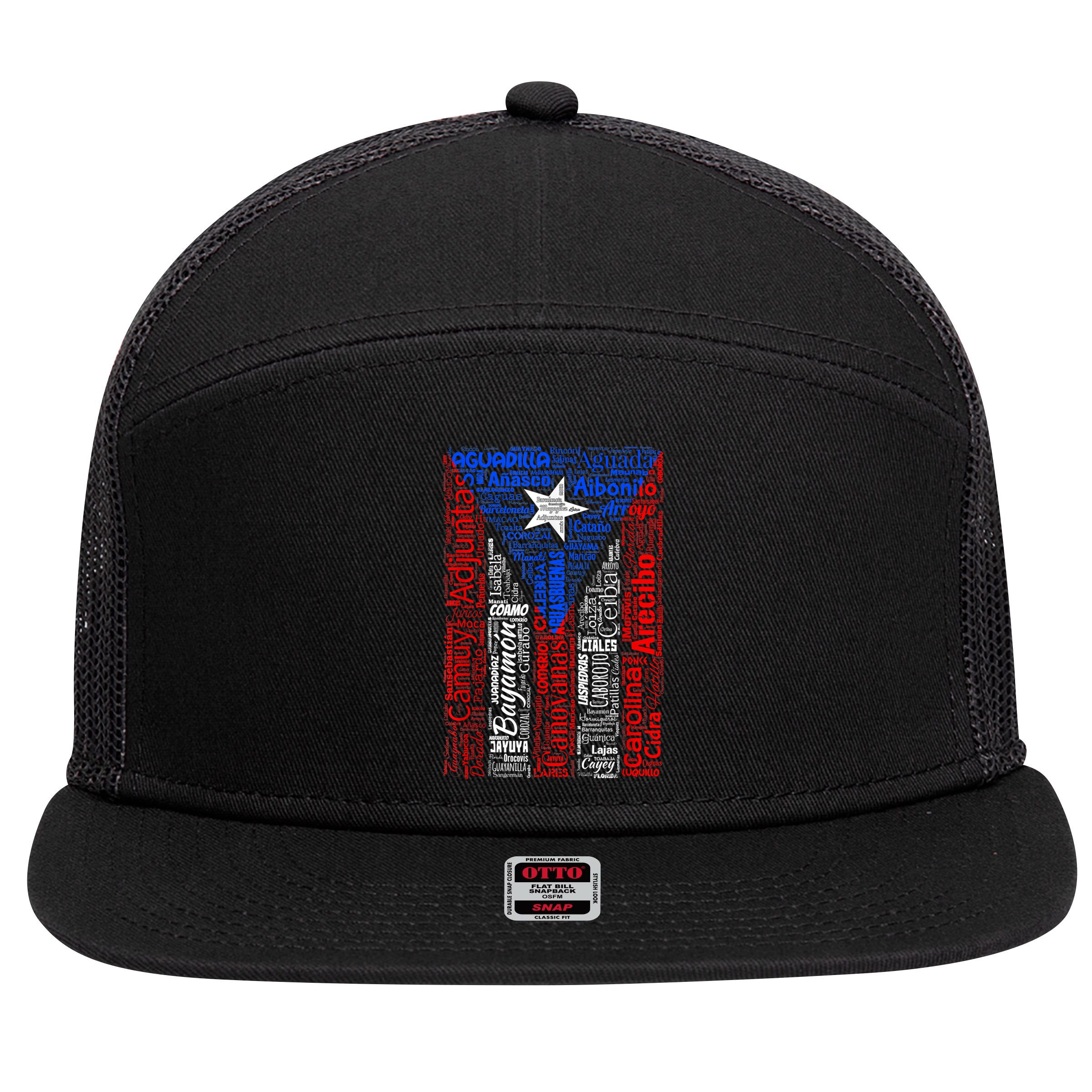 Puerto Rican Flag With Towns And Cities Of Puerto Rico 7 Panel Mesh Trucker Snapback Hat