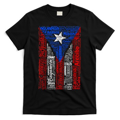 Puerto Rican Flag With Towns And Cities Of Puerto Rico T-Shirt