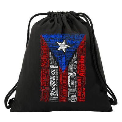 Puerto Rican Flag With Towns And Cities Of Puerto Rico Drawstring Bag