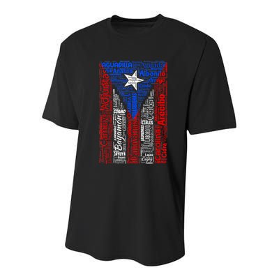 Puerto Rican Flag With Towns And Cities Of Puerto Rico Youth Performance Sprint T-Shirt