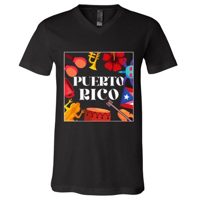 Puerto Rico Flag Flower Amapola Coquí Vejigante Pride V-Neck T-Shirt