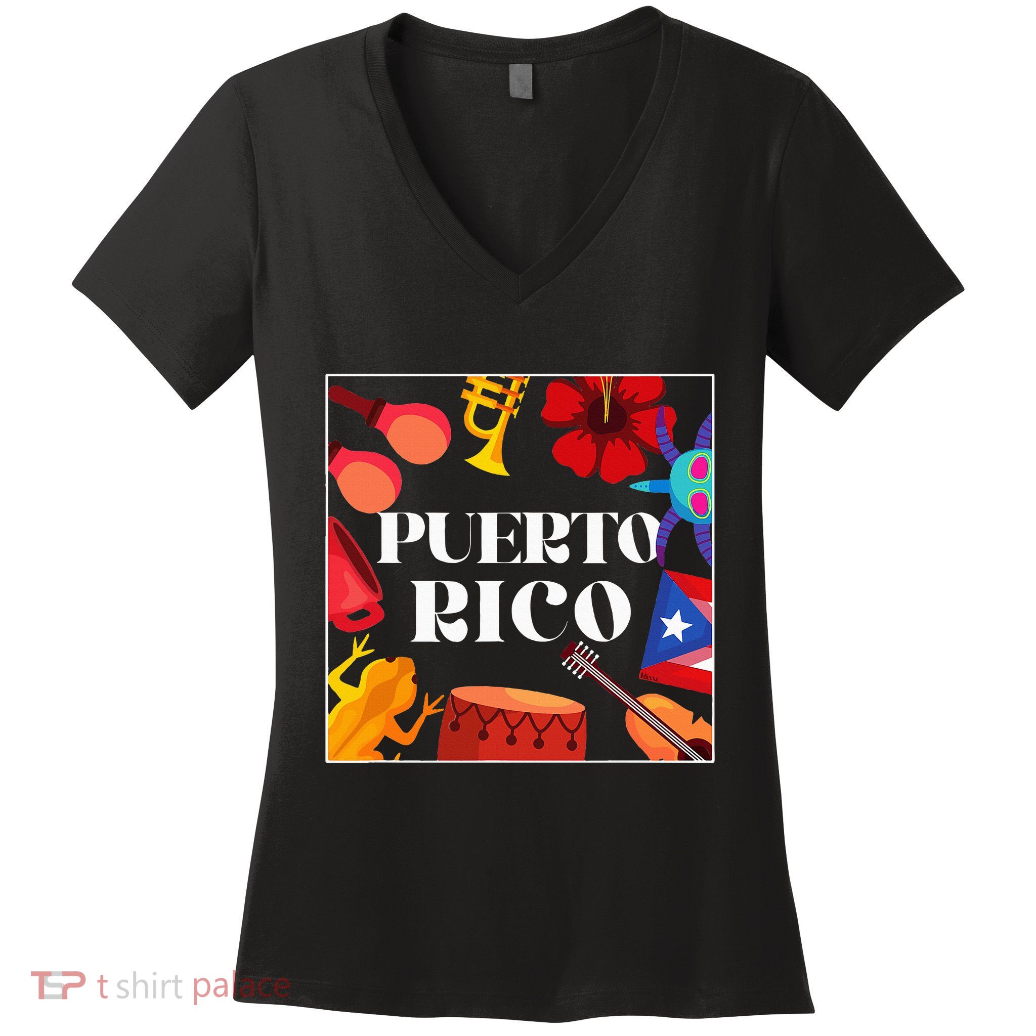 Puerto Rico Flag Flower Amapola Coquí Vejigante Pride Women's V-Neck T-Shirt