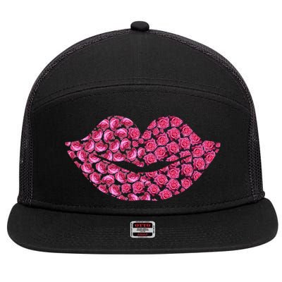 Pink Rose Flowers Lips Roses Lovers Floral Valentine's Day Funny Gift 7 Panel Mesh Trucker Snapback Hat