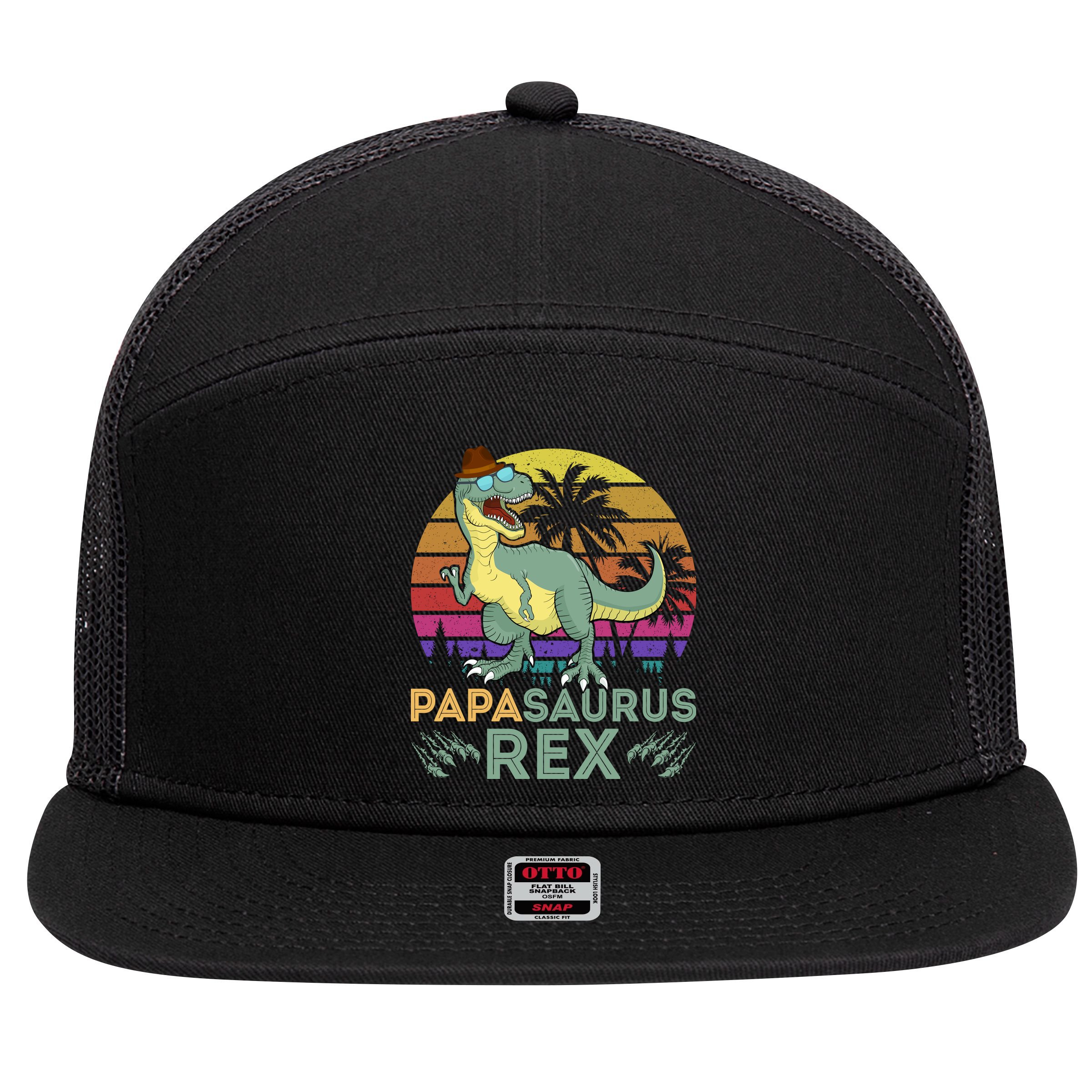 Papasaurus Rex Funny Dad T 7 Panel Mesh Trucker Snapback Hat