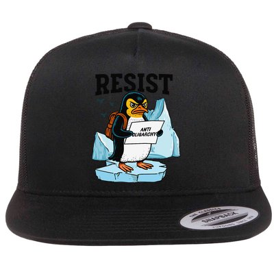 Penguin Resist Funny Penguins Protest Against Tariffs Flat Bill Trucker Hat