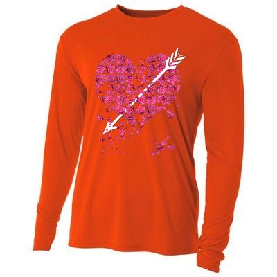 Pink Rose Flower Heart And Arrow Gift Roses Lovers Valentines Day Gift Cooling Performance Long Sleeve Crew