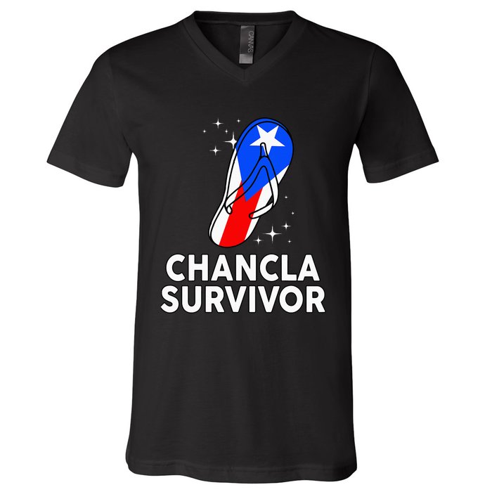 Puerto Rican Flag La Chancla Survivor Rico Hispanic Heritage V-Neck T-Shirt