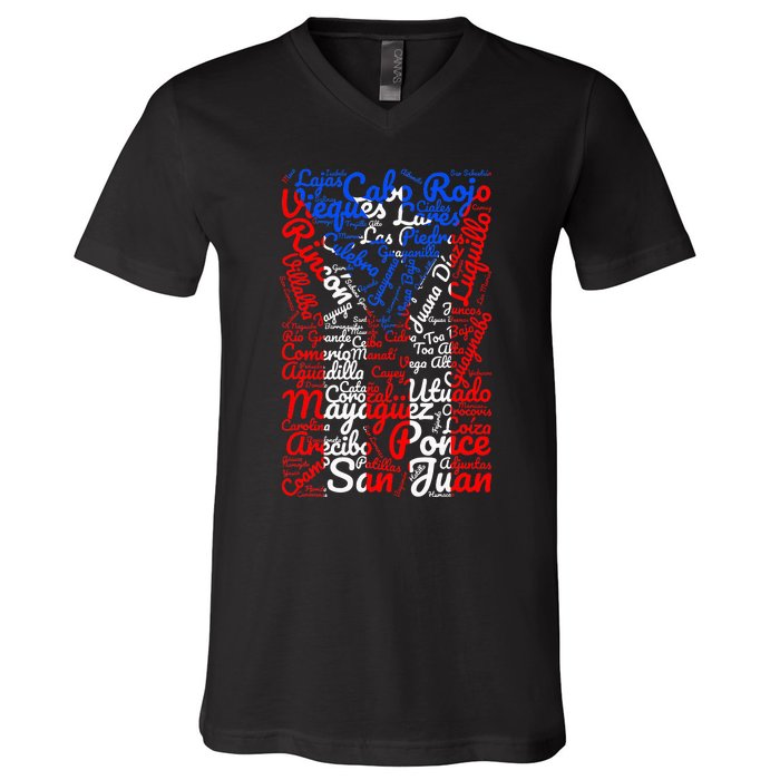 Puerto Rican Flag Towns And Cities Of Puerto Rico V-Neck T-Shirt