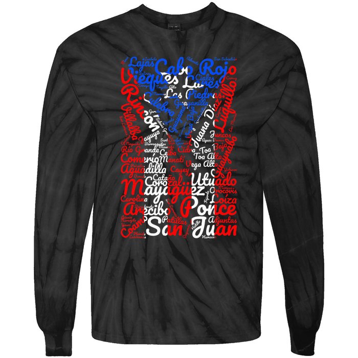 Puerto Rican Flag Towns And Cities Of Puerto Rico Tie-Dye Long Sleeve Shirt