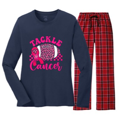 Pink Ribbon Hippie Tackle Football Breast Cancer Awareness Gift Women's Long Sleeve Flannel Pajama Set 