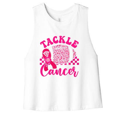 Pink Ribbon Hippie Tackle Football Breast Cancer Awareness Gift Women's Racerback Cropped Tank