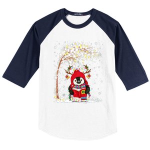 Penguin Reindeer Hat Santa Christmas Tree Funny Penguin Xmas Gift Baseball Sleeve Shirt