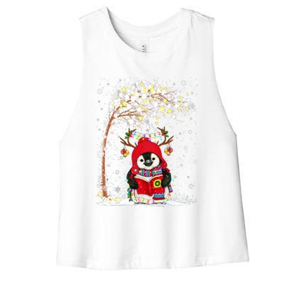 Penguin Reindeer Hat Santa Christmas Tree Funny Penguin Xmas Gift Women's Racerback Cropped Tank