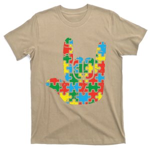 Puzzle Rock Hand Sign Cool Autism Awareness Rock Autistic T-Shirt