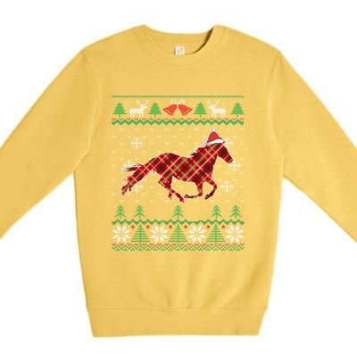 Plaid Race Horse Santa Hat Rancher Equestrian Ugly Christmas Cute Gift Premium Crewneck Sweatshirt