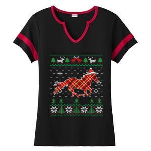 Plaid Race Horse Santa Hat Rancher Equestrian Ugly Christmas Cute Gift Ladies Halftime Notch Neck Tee