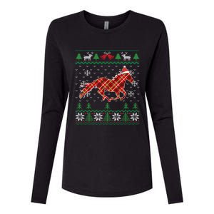 Plaid Race Horse Santa Hat Rancher Equestrian Ugly Christmas Cute Gift Womens Cotton Relaxed Long Sleeve T-Shirt