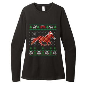 Plaid Race Horse Santa Hat Rancher Equestrian Ugly Christmas Cute Gift Womens CVC Long Sleeve Shirt