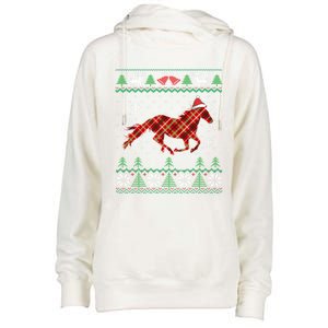 Plaid Race Horse Santa Hat Rancher Equestrian Ugly Christmas Cute Gift Womens Funnel Neck Pullover Hood