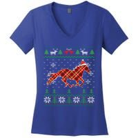 Plaid Race Horse Santa Hat Rancher Equestrian Ugly Christmas Cute Gift Women's V-Neck T-Shirt