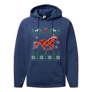 Plaid Race Horse Santa Hat Rancher Equestrian Ugly Christmas Cute Gift Performance Fleece Hoodie