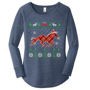 Plaid Race Horse Santa Hat Rancher Equestrian Ugly Christmas Cute Gift Women's Perfect Tri Tunic Long Sleeve Shirt