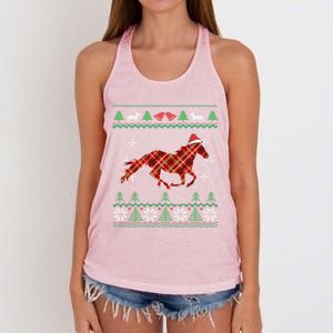 Plaid Race Horse Santa Hat Rancher Equestrian Ugly Christmas Cute Gift Women's Knotted Racerback Tank