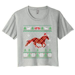 Plaid Race Horse Santa Hat Rancher Equestrian Ugly Christmas Cute Gift Women's Crop Top Tee