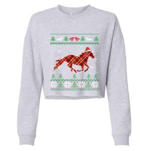 Plaid Race Horse Santa Hat Rancher Equestrian Ugly Christmas Cute Gift Cropped Pullover Crew