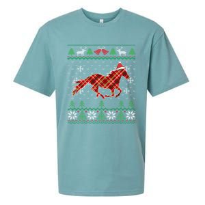 Plaid Race Horse Santa Hat Rancher Equestrian Ugly Christmas Cute Gift Sueded Cloud Jersey T-Shirt