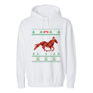 Plaid Race Horse Santa Hat Rancher Equestrian Ugly Christmas Cute Gift Garment-Dyed Fleece Hoodie